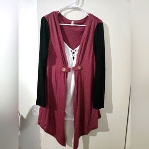 Women's Large Burgundy and Black Open Front Cardigan. All 1 Piece.